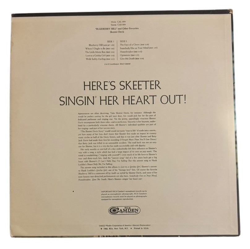 Skeeter Davis- Blueberry Hill And Other Favorites, 1965, VG+/VG+