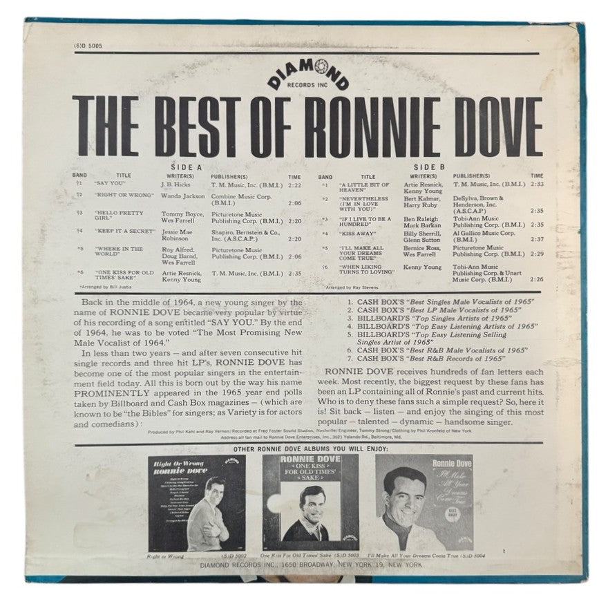 Ronnie Dove- The Best Of Ronnie Dove, 1966, VG+/VG+