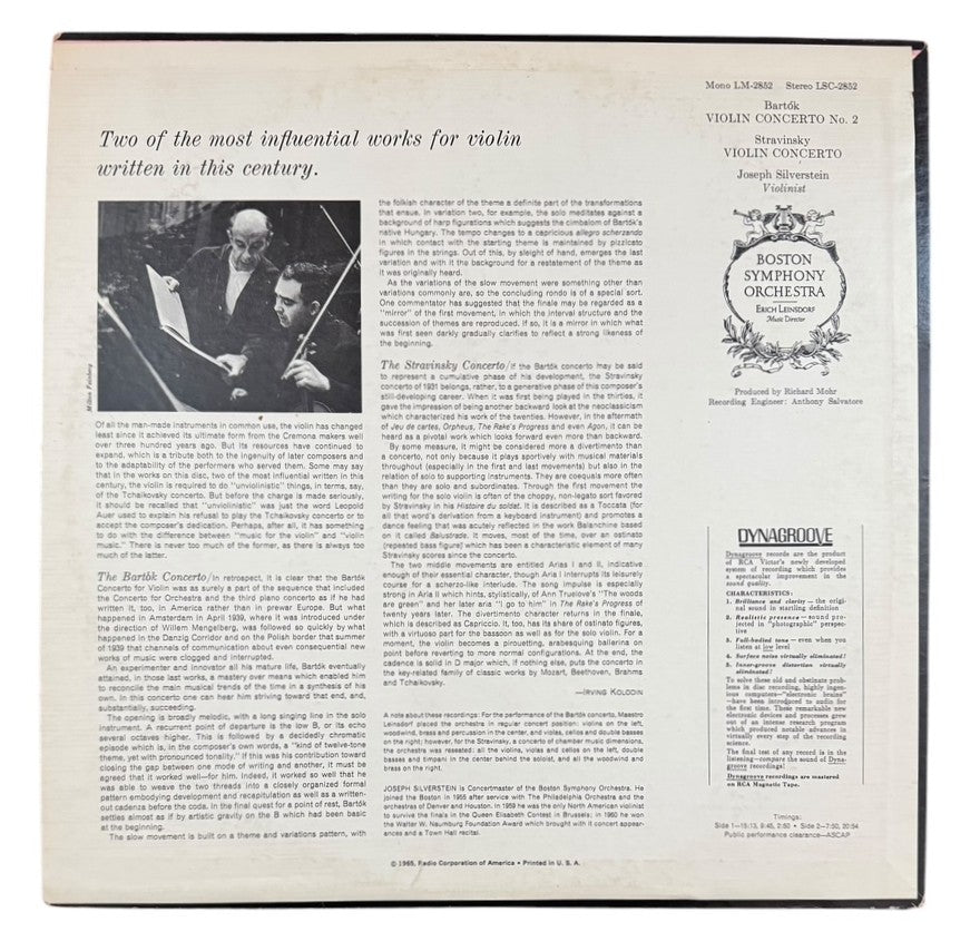 Boston Symphony Orchestra- Bartok: Violin Concerto No.2/Stravinsky: Violin Concerto, 1965, VG+/VG+