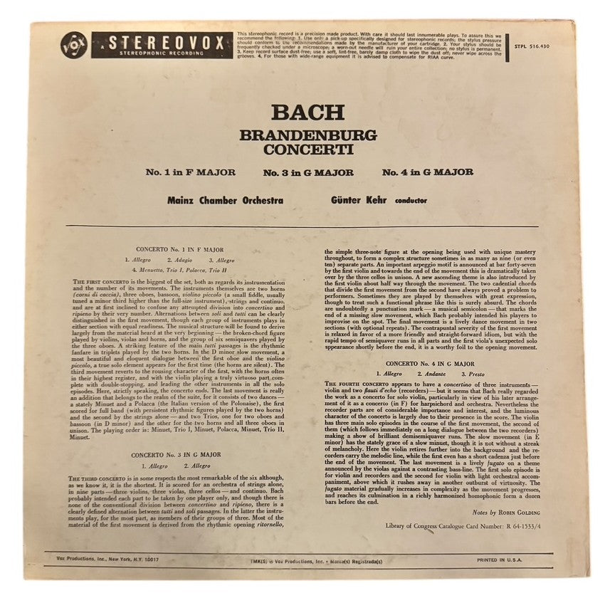 Mainz Chamber Orchestra- Bach: Brandenburg Concerti, 1972, VG+/VG+